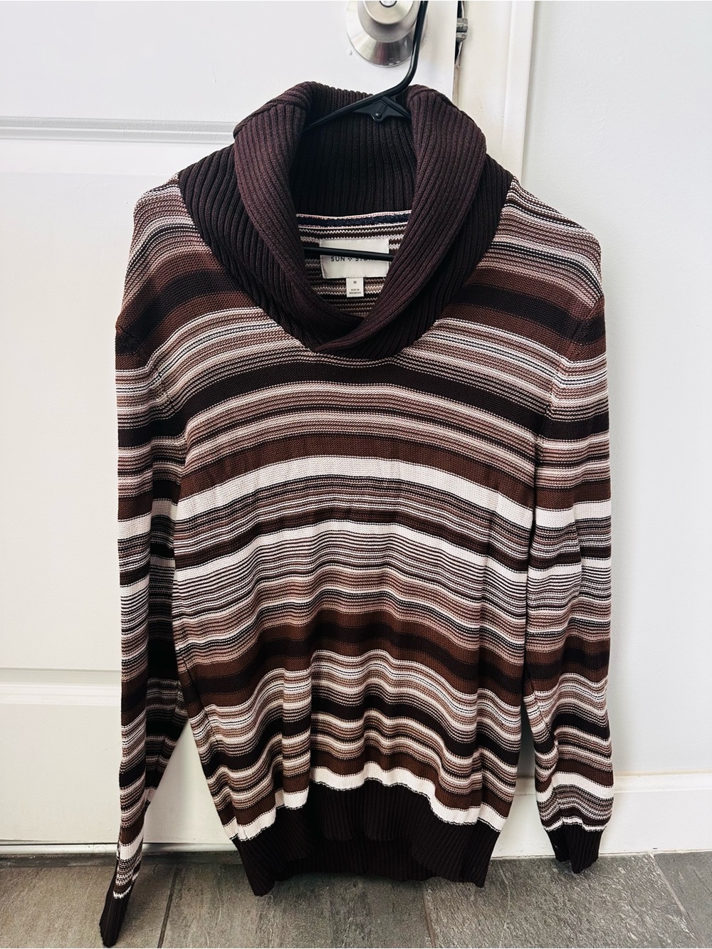 Sun + Stone Brown and Cream Striped Cowl Neck Sweater
